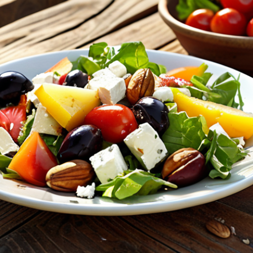 Home 4 **
Mediterranean salad with fresh vegetables, fruits, olive oil dressing, feta cheese, and nuts on a rustic wooden table, sunlit.
**