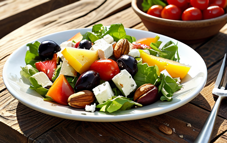 **
Mediterranean salad with fresh vegetables, fruits, olive oil dressing, feta cheese, and nuts on a rustic wooden table, sunlit.
**
